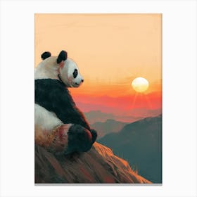Giant Panda Looking At A Sunset From A Mountaintop Storybook Illustration 2 Canvas Print