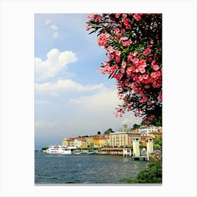 View Of Town Of Bellagio With Lake Como And Flowers In Foreground Canvas Print