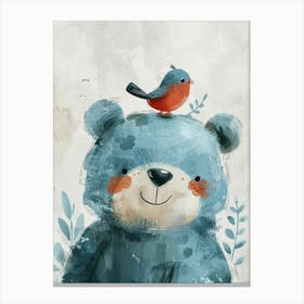 Small Joyful Bear With A Bird On Its Head 11 Canvas Print