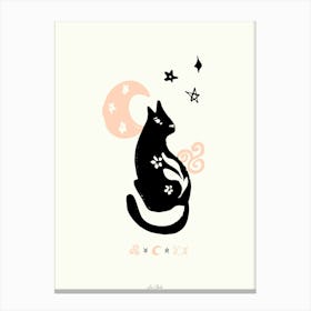 Magic Black Cat With Moon And Stars Peach Canvas Print