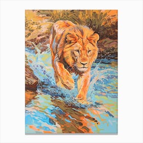 Southwest African Lion Crossing A River Fauvist Painting 3 Canvas Print