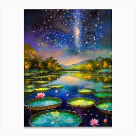 A Serene Lotus Pond Reflecting The Stars At Night Canvas Print