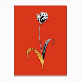 Vintage Didiers Tulip Black and White Gold Leaf Floral Art on Tomato Red n.0751 Canvas Print