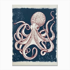 Navy Blue & Red Linocut Inspired Octopus Canvas Print