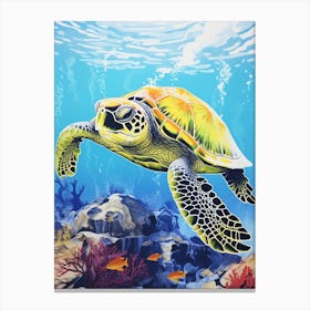 Sea Turtle In The Ocean Linograph Illustration 1 Canvas Print