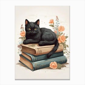 Black Cat On Books 1 Canvas Print