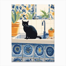 Black Cat In The Kitchen Sink, Mediterranean Style 3 Canvas Print