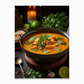 Autumn Pumpkin Curry Soup Steaming In A Rustic Ceramic Bowl Surrounded By An Array Of Vividly Spice (2) Canvas Print