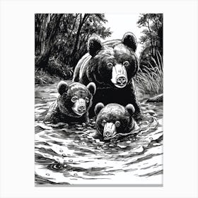 Malayan Sun Bear Family Swimming In A River Ink Illustration 2 Canvas Print