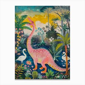 Dinosaur With Swans Painting 3 Canvas Print