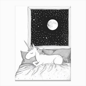 Unicorn Lying In Bed With The Moon Black & White Doodle 1 Canvas Print