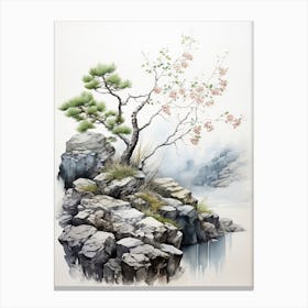 Yufuin In Oita,  Japanese Brush Painting, Sumi E, Minimal  3  Canvas Print