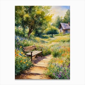 Summer Meadow Path by a Bench and Old Rustic Farmhouse - Sunny Floral Watercolor Landscape by Artist Lyra O'Brien Canvas Print