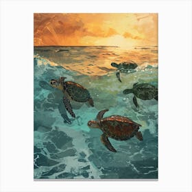 Sea Turtles At Sunrise In The Waves Canvas Print