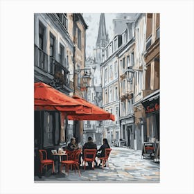 Café On The Street, Red Chairs Under An Umbrella, People Sitting And Drinking Coffee In Front Of Them Canvas Print