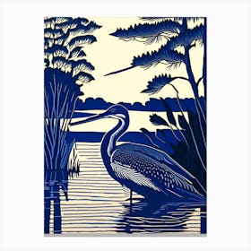 Blue Heron On Lake Vintage Linocut 2 Canvas Print