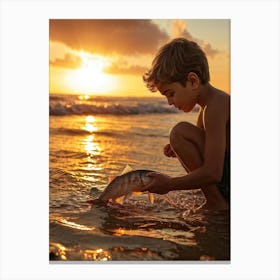 A Young Person Engaging In Play With A Fish Near The Waters Edge On A Sandy Beach Golden Hour Ligh (1) Canvas Print