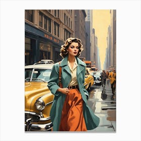 New York Middle 20th Century Walking Girl Retro Cars 4 Canvas Print