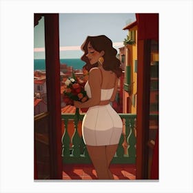 Woman Girl with Flowers, White Dress, Balcony Canvas Print