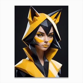 Low Poly Floral Fox Girl, Black And Yellow (1) Canvas Print