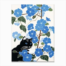 Cat In Blue Flowers Canvas Print