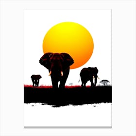 Silhouette Of Elephants At Sunset 2 Canvas Print