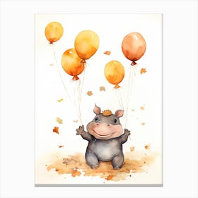 Hippopotamus Flying With Autumn Fall Pumpkins And Balloons Watercolour Nursery 3 Canvas Print