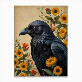 Crow And Sunflowers Canvas Print