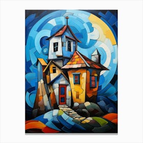 Fairytale House at Night 3, Abstract Vibrant Colorful Cubism Style Canvas Print