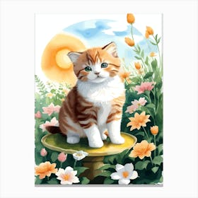 Cute Kitten And Flowers Watercolor 5 Canvas Print