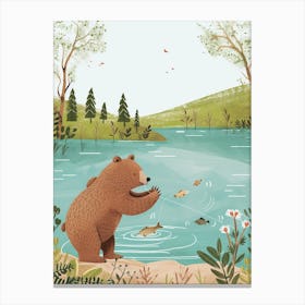 Brown Bear Catching Fish In A Tranquil Lake Storybook Illustration 3 Canvas Print