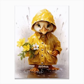 Duckling In A Yellow Raincoat With Flowers 1 Canvas Print