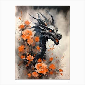 Japanese Dragon Abstract Flowers Painting (2) Canvas Print