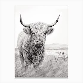 Black & White Illustration Of Highland Cow With Long Grass Canvas Print