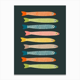 ANCHOVIES Retro Swimming Fish Horizontal in Vintage Colours Orange Green Blue Pink Yellow Beige on Charcoal Canvas Print