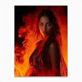 Woman With Intense Scarlet Gaze Enveloped In Flames Gaze As The Focal Point Radiating Heat Vibrant Canvas Print