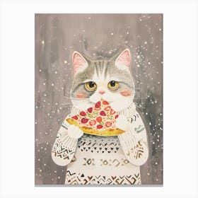 Happy Grey And White Cat Pizza Lover Folk Illustration 2 Canvas Print