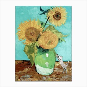 Van Gogh Lost Sunflowers Art with White Cat - Funny Famous Antique Cats Art for Humorous Wall Feature Decor in HD Canvas Print