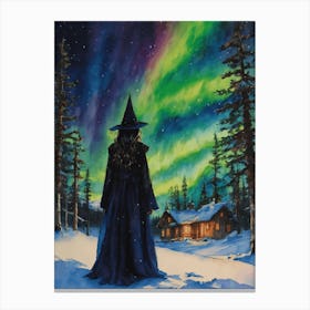 A Witch at The Northern Lights - Outside her Winter Cottage She Witnesses The Magick of Aurora Borealis, Spellcasting For Yule, The Winter Solstice Witches Christmas Wicca Wheel of the Year, Paganism Art Print by Lyra the Lavender Witch Canvas Print