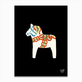 White Swedish Dalahorse On Black Canvas Print