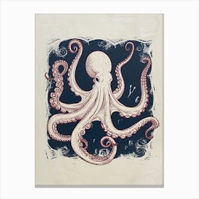 Red Octopus In The Ocean Linocut Inspired  3 Canvas Print