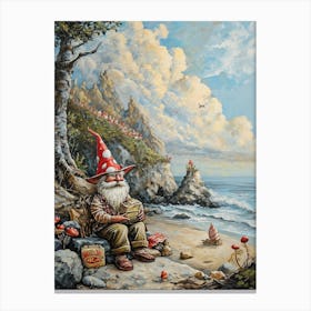 Gnomes On The Beach Kitsch Painting 1 Canvas Print