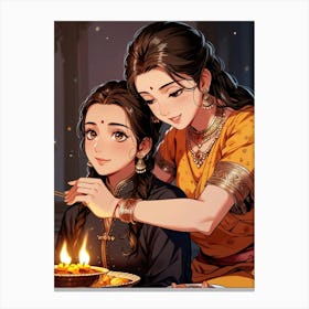 Two Women Lighting A Candle Canvas Print