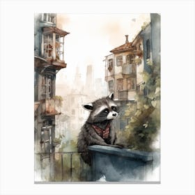 A Raccoon In City Watercolour Illustration Storybook 3 Canvas Print