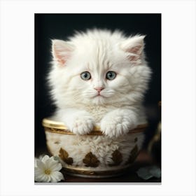 White Kitten In A Bowl Canvas Print