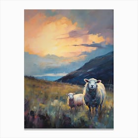 Sheep & Lamb At Sunset Impressionism Painting Style 2 Canvas Print