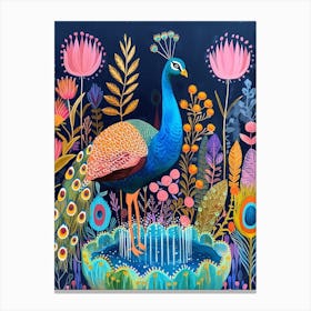 Folky Peacock In The Fountain Canvas Print