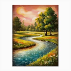 River At Sunset - serene landscape featuring a tranquil river winding its way through lush greenery Canvas Print