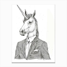 Unicorn In A Suit & Tie Black And White Doodle 1 Canvas Print