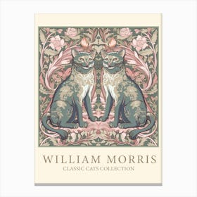 William Morris  Inspired  Classic Cats Smiley Cats Sage And Pink Canvas Print